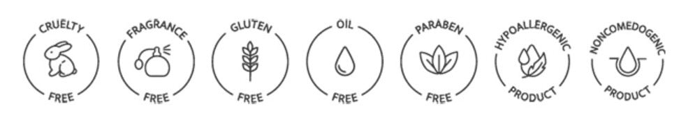 Set of icons indicating product features such as cruelty-free, fragrance-free, gluten-free, oil-free, paraben-free, hypoallergenic, and non-comedogenic.